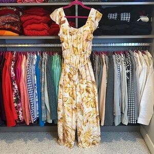 June & Hudson yellow/cream/pink print elastic waistband belted jumpsuit size S
